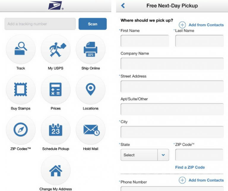 Screenshots of the USPS application