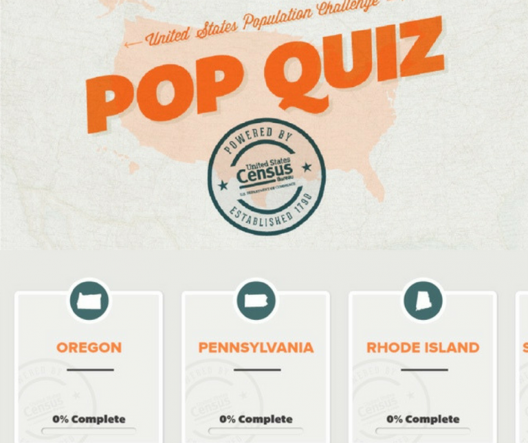 Screenshots of the US Population Challenge Pop Quiz application