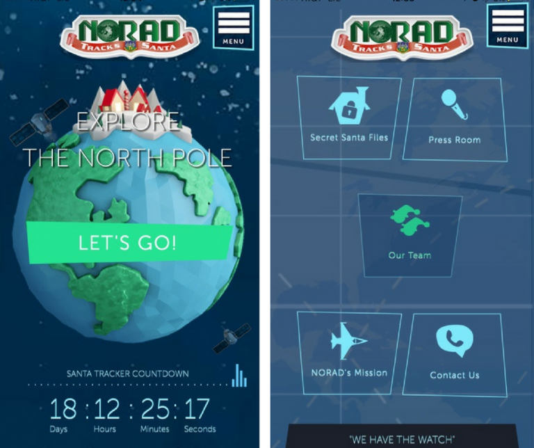 Screenshots of the NORAD Santa Tracker application