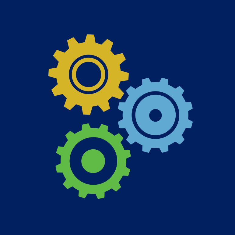 Yellow, blue, and green interlocking gears