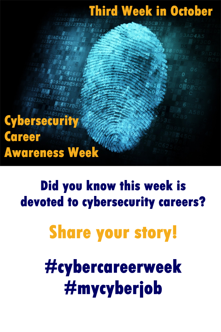 Image of fingerprint on motherboard. Third week in October Cybersecurity Career Awareness Week. Did you know this week is devoted to cybersecurity careers? share your story!