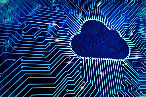 Photo of a cloud against a technology back drop.